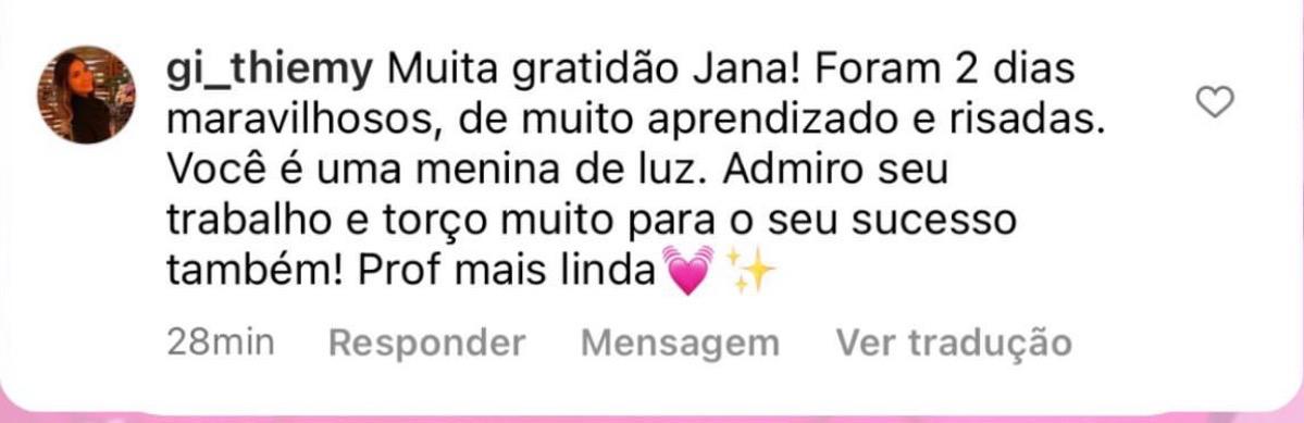 Mensagem de aluna sobre a mentoria de extensão de cílios
